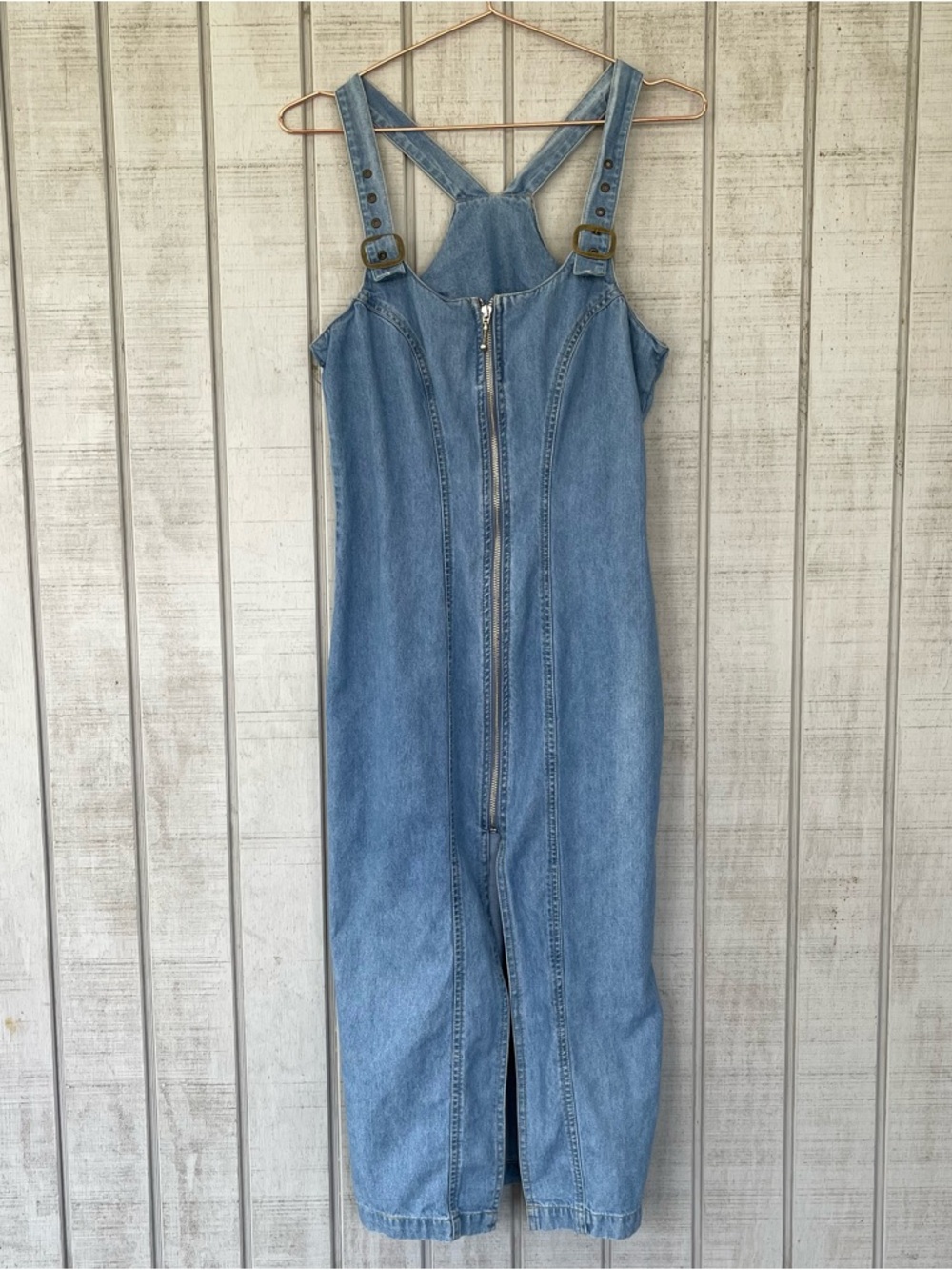 ✨ Vintage Denim Zip Front Maxi Dress 90s Adjustable Straps Blue Boho Western